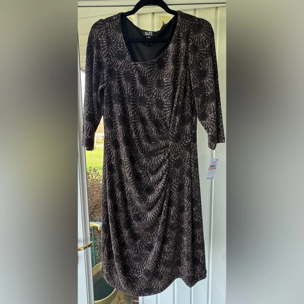 SLNY Printed Metallic Sequin Sheath Cocktail Evening Wear Dress Size 14